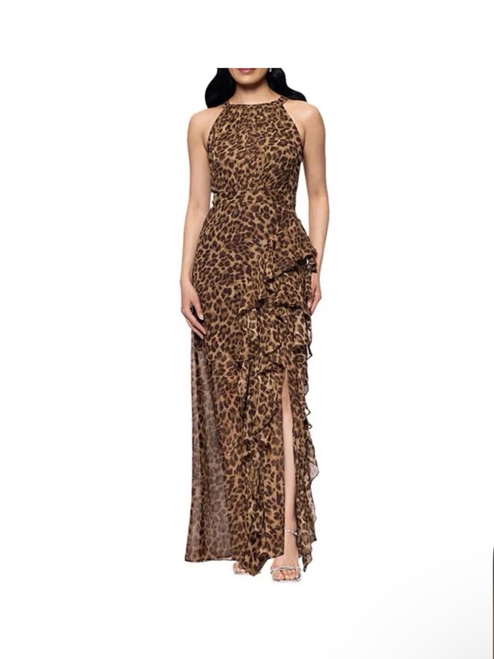 Leopard Print Halter Ruffle Maxi Dress in Brown